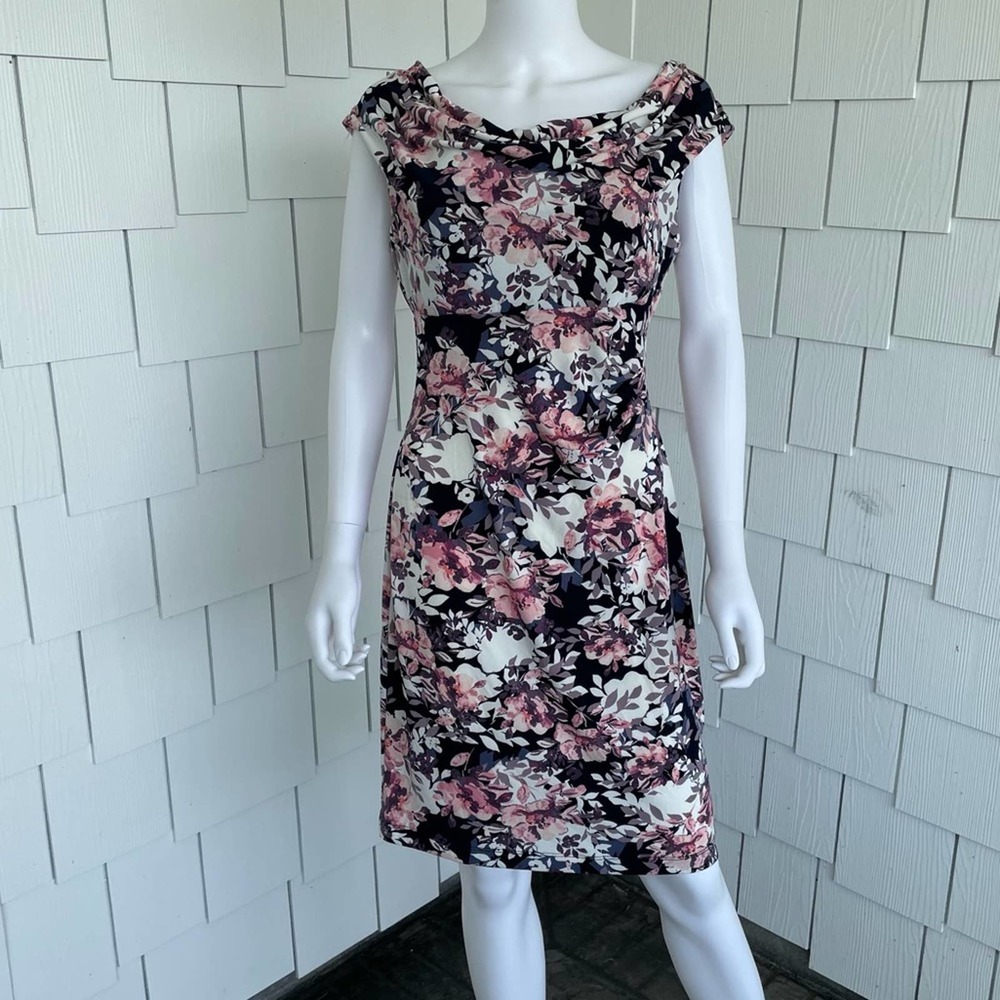 Connected Apparel Women's Pink Multi Floral Short Sleeve Cowl Neck Dress sz 6P